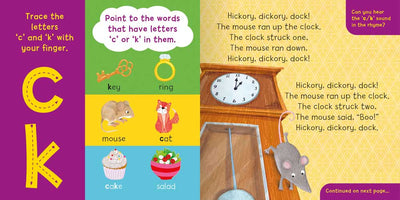 I want to learn: m d g c/k o e (Book 2) book sample pages bu Miles Kelly Children's Books. The pages shows the sound ck, along with key, ring, mouse, cat, cake and salad. And the nursery rhyme Hickory Dickory Dock.