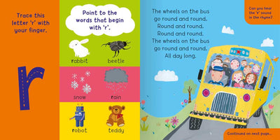 I want to learn: r u b h f l (Book 3) sample page by Miles Kelly Children's Books. It covers the letter R, with words such as rabbit, rain and robot. And the nursery rhyme The Wheels on the Bus.