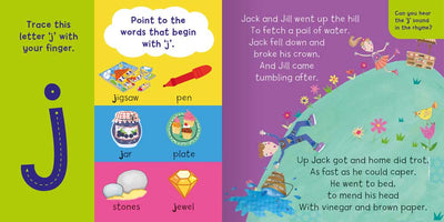 I want to learn: j w v qu x y z (Book 4) sample page by Miles Kelly Children's Books. The page looks at the letter j, showing words that begin with J and the nursery rhyme, Jack and Jill.