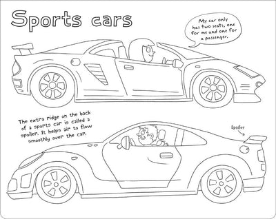 Ultimate Colour-in Busy Machines sample page by Miles Kelly Children's Books. The page shows a Sports car black-and-white drawings, ready to be coloured in by your child.