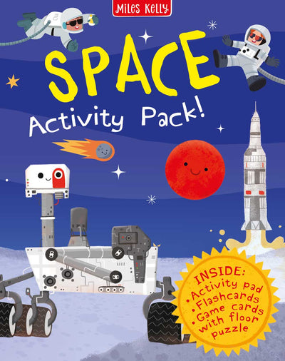 Space Activity Pack cover by Miles Kelly Children's Books. The illustrated cover shows a collage of a space rover, rocket, planet, meteor and astronauts.