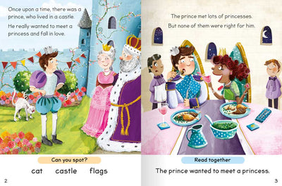 Reading with Fairytales: The Princess and the Pea sample page by Miles Kelly Children's Books. The illustrations show a prince who lives in a castle meeting lots of princesses to try to find himself a wife.