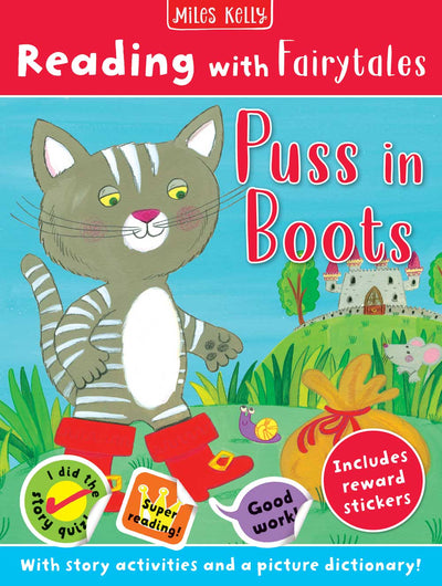 Reading with Fairytales: Puss in Boots cover by Miles Kelly Children's Books. The illustrated cover shows a grey tabby cat wearing red boots, with a castle in the background.
