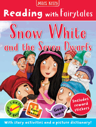 Reading with Fairytales Snow White and the Seven Dwarfs cover by Miles Kelly Children's Books. The cover illustration shows a dark-haired happy girl surrounded by seven dwarfs, all looking happily at her.