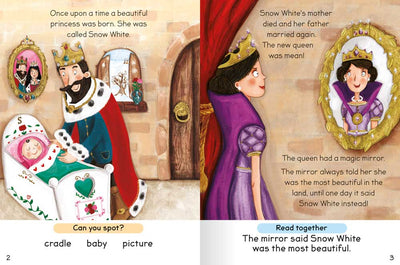 Reading with Fairytales Snow White and the Seven Dwarfs sample page by Miles Kelly Children's Books. The illustrated page shows the king and queen with their new baby, Snow White. And when her mother dies, the new queen who looks very mean.