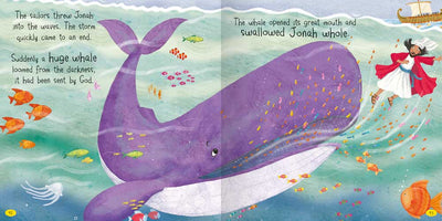 Tell Me a Bible Story book sample page by Miles Kelly Children's Books. The page is from Jonah and the Whale and shows Jonah about to be swallowed by a mighty whale.