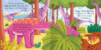 Roarsome Dinosaurs book sample page by Miles Kelly Children's Books. The sample page shows a Brachiosaurus eating leaves whilst nosily watching what other dinosaurs are doing.