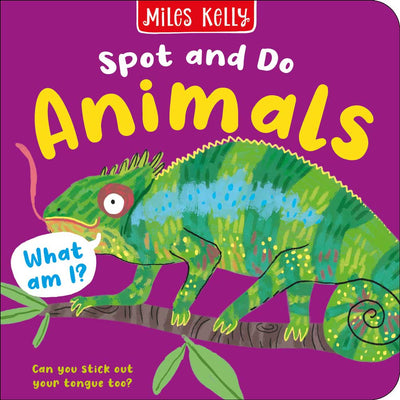 Spot and Do: Animals book cover by Miles Kelly Children's Books. The purple cover has an illustration of a chameleon on a branch.