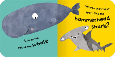 Spot and Do: Oceans sample pages by Miles Kelly Children's Books. The illustrated pages show a whale - point to the tail of the whale - and a hammerhead shark - can you show your teeth like the hammerhead shark.
