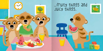 I Can Eat book sample page by Miles Kelly Children's Books. The illustrated page shows a group of meerkats eating watermelon and other fruits happily.