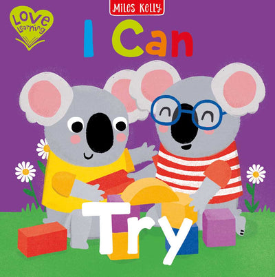 I Can Try book cover by Miles Kelly Children's Books. The illustrated cover shows two koalas building blocks together.