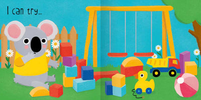 I Can Try Book sample pages by Miles Kelly Children's Books. The illustrated page shows a koala building blocks by themself.