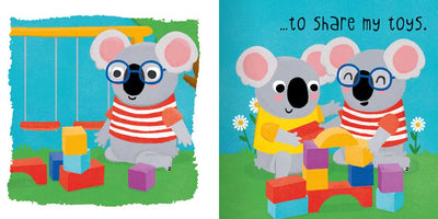 I Can Try book sample page by Miles Kelly Children's Book. the illustrated page shows the koala sharing the blocks to show they're happy to share their toys.