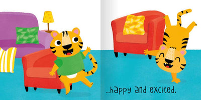 I Can Feel book sample page by Miles Kelly Children's Books. The illustrated page shows two tiger cubs playing together, feeling happy and excited.