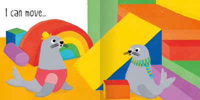 I Can Move book sample pages by Miles Kelly Children's Books. The illustrated scence shows two seal at soft play.