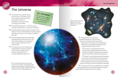 Super Facts Space sample page by Miles Kelly Children's Books. The page shows an illustration of the Universe and describes how it came into being.