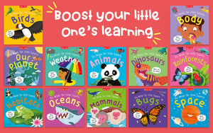 Boost your little one's learning banner shows a dark pink background and 12 Big Words for Little Experts children's books – Birds, Our Planet, Habitats, Weather, Oceans, Animals, Mammals, Dinosaurs, Bugs, Body, Rainforests, Space
