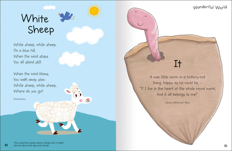 Insides of 100 Poems for Children book – White Sheep & It poems. Illustration on sheep and worm – Miles Kelly