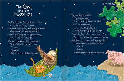 Insides of 100 Poems for Children book – The Owl and the Pussy-cat poem with owl and cat in a boat illustration – Miles Kelly