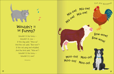 Insides of 100 Poems for Children book – Wouldn't it be Funny? poem with illustrations of cat, cockerel, cow and dog – Miles Kelly