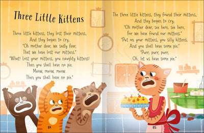 Inside spread of 100 Nursery Rhymes book for toddlers – Three Little Kittens rhyme. Illustration of 3 crying kittens and mother kitten holding a pie – Miles Kelly