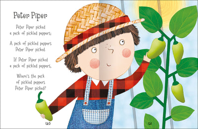 Inside spread of 100 Nursery Rhymes book for toddlers – Peter Piper rhyme. Illustration of Peter picking peppers – Miles Kelly