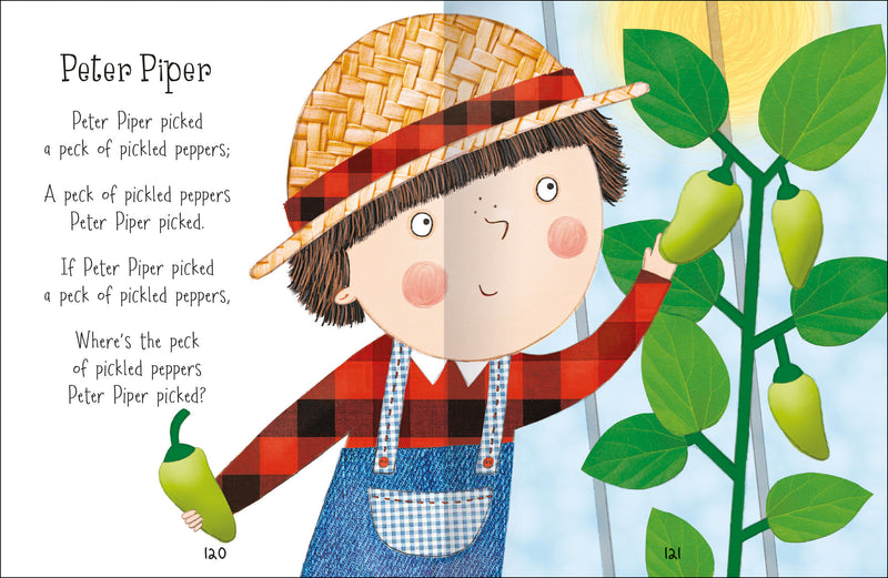 Inside spread of 100 Nursery Rhymes book for toddlers – Peter Piper rhyme. Illustration of Peter picking peppers – Miles Kelly