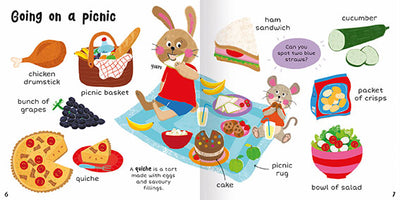 Image shows two inside facing pages from 100+ First Words Food. The theme is Going on a picnic and there are naming labels and images of a chicken drumstick, picnic basket, bunch of grapes, quiche, ham sandwich, cucumber, packet of crisps and a bowl of salad. The main image on the page is a rabbit and a mouse enjoying a picnic. 