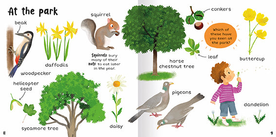 The image shows two inside pages titled At the park from 100+ First Words Nature. Across the pages, which have a white background, are a woodpecker, a sycamore tree, daffodils, a daisy, a squirrel, a horse chestnut tree, a buttercup, some pigeons and a boy blowing a dandelion. There is a question for the reader on an orange background: which of these have you seen at the park? and a small paragraph of text explaining that squirrels bury many of their nuts to eat later.