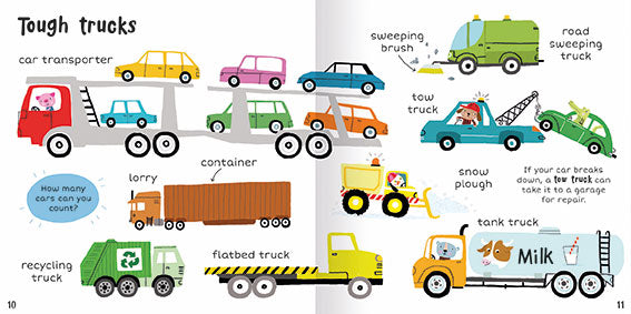 Images shows two inside pages from 100+ First Words On the Go. There are images and naming labels for a car transporter, a lorry, a recycling truck, a fladtbed truck, a tank truck, a snow plough, a tow truck and a road sweeping truck.