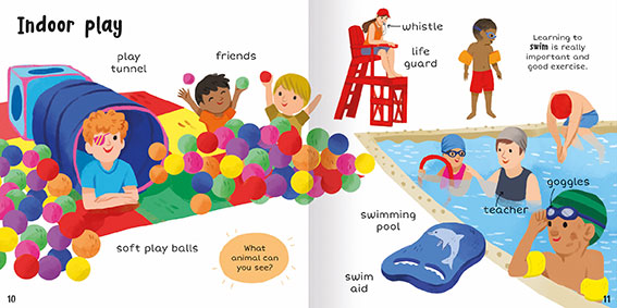 Image shows two inside facing pages from 100+ First Words Out and About. The theme is Indoor play and there are images and naming labels for soft play balls, play tunnel, friends, life guard, teacher, googles, swimming pool and swim aid.