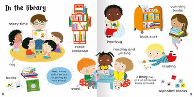 The image shows two inside pages titled In the Library from 100+ First Words. There is a teacher reading to children, piles of books, a robot-shaped bookcase, a child on a bean bag, a book car, a girl carrying books and a group reading and writing at a table, and some alphabet blocks. The children are all wearing bright or patterned clothes. There is a question: How many children are listening to the story? And text explains that libraries have different types of books.