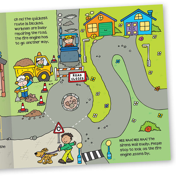 The Convertible Fire Engine storybook is brightly illustrated and full of detail for preschoolers to enjoy. This sample page from the storybook shows a roadblock so the fire engine needs to go another way on its rescue mission. 