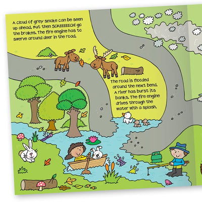 Convertible Fire Engine storybook is illustrated by Simon Abbott. He packs in lots of colour, detail and character into his artwork. The illustration engages children, encouraging them to notice the world around them. This sample page shows more obstacles that the fire engine needs to avoid on its rescue mission – deer in the road and a flood across the road.