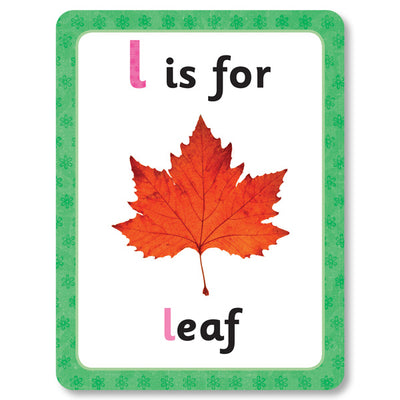 An image of a letter flashcard from Miles Kelly's Get Set Go Letters Flashcards set. The card is showing the letter "l is for leaf". There is an image of a brown leaf to help children understand the letter.