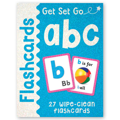 A 2D front cover image of Miles Kelly's Get Set Go Letters Flashcards set. The box is bright blue and has a sparkly effect. The box shows images of two letter flashcards featuring the letter "b" and an image of a ball.