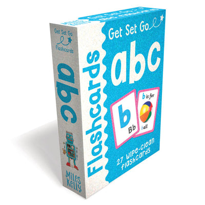 A packshot image of Miles Kelly's Get Set Go Letters Flashcards set. The box is bright blue and has a sparkly effect. The box shows images of two letter flashcards featuring the letter "b" and an image of a ball.