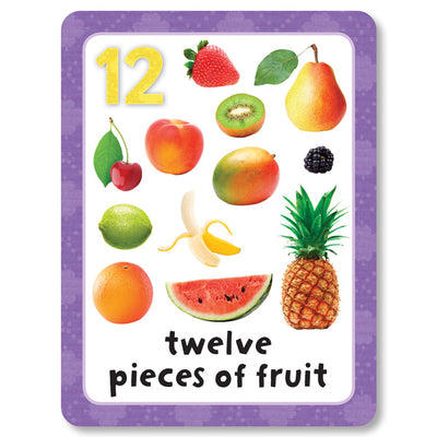An image of a number flashcard from Miles Kelly's Get Set Go Numbers Flashcards Set. The card shows the number "12" and images of twelve pieces of fruit, alongside the description, to help children learn numbers.