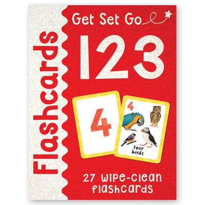 2D front cover image of Miles Kelly's Get Set Go Numbers Flashcards set. The box is bright red with a sparkly effect. The box shows two images of number flashcards.