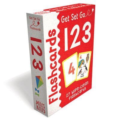 Packshot image of Miles Kelly's Get Set Go Numbers Flashcards. The box is bright red with a sparkly effect. The box shows images two number flashcards featuring the number "4" and images of four birds.