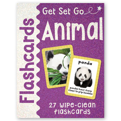 A 2D front cover image Miles Kelly's Get Set Go Animals Flashcards set. The box is bright purple with a sparkly effect. The box shows two images of animal flashcards featuring an image of a panda and a description of a "panda" to help children learn about animals.