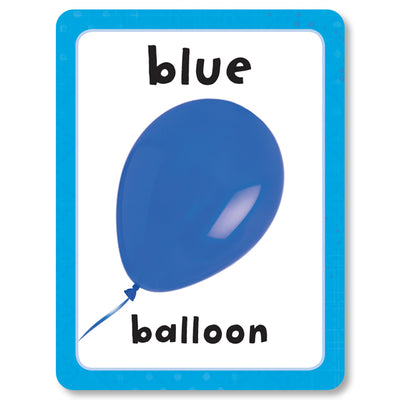 An image of a colour flashcard from Miles Kelly's Get Set Go Colours Flashcards set. The card shows the colour "blue" and an image of a blue balloon, alongside the word balloon to help children to learn colours.