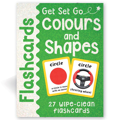 A 2D front cover image of Miles Kelly's Get Set Go Colours and Shapes Flashcards set. The box is bright green and has a sparkly effect. The box shows two images of colours and shapes flashcards. They feature an image of a red "circle" with a description and an image of a steering wheel to help children learn colours and shapes.