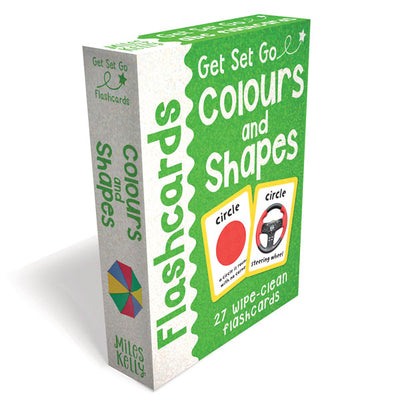 A packshot image of Miles Kelly's Get Set Go Colours and Shapes Flashcards set. The box is bright green and has a sparkly effect. The box shows two images of colours and shapes flashcards. They feature an image of a red "circle" with a description and an image of a steering wheel to help children learn colours and shapes.