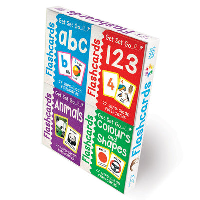 Packshot image of Miles Kelly's Get Set Go Flashcard Set. This set contains four packs of flashcards – Letters flashcards, Numbers flashcards, Animals flashcards, and Colours and Shapes flashcards. The boxes are very bright, colourful and have a special sparkly effect.