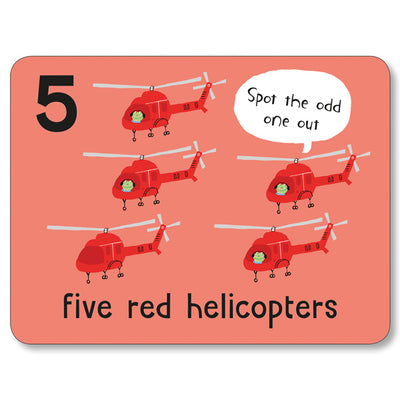 An image of a flashcard from Miles Kelly's Lots to Spot Flashcards On the Go! set. The flashcard is red and features the number "5" alongside illustrations of "five red helicopters". There is a spotting activity for children to enjoy.