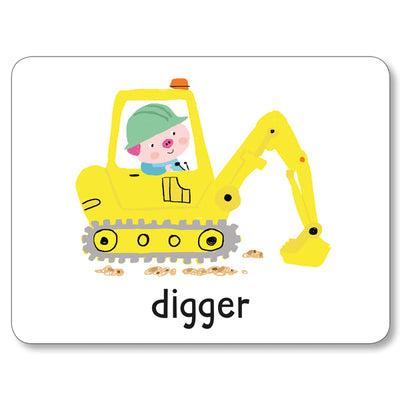 An image of a flashcard from Miles Kelly's Lots to Spot Flashcards On the Go! set. The flashcard is white and features an illustration of a yellow digger being driven by an animal character, alongside the words "digger".