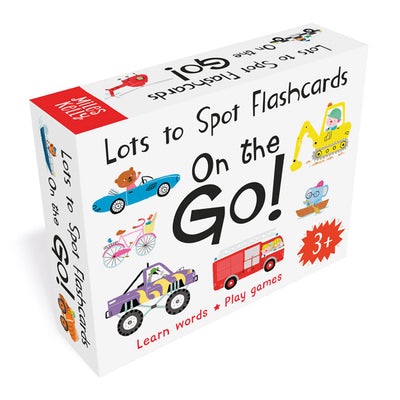 A packshot image of Miles Kelly's Lots to Spot Flashcards On the Go! set. The box is white and features illustrations of various vehicles and modes of transport being driven by animal characters.