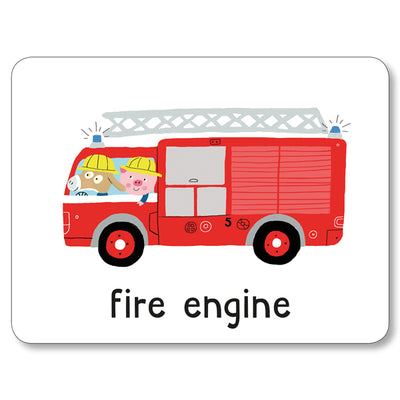 An image of a flashcard from Miles Kelly's Lots to Spot Flashcards On the Go! set. The flashcard is white and features an illustration of a red fire engine being  driven by animal characters, alongside the words "fire engine".