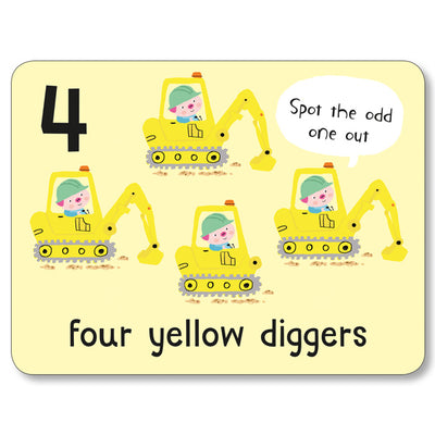 An image of a flashcard from Miles Kelly's Lots to Spot Flashcards On the Go! set. The flashcard is yellow and features the number "4" alongside illustrations of "four yellow diggers". There is a spotting activity for children to enjoy.